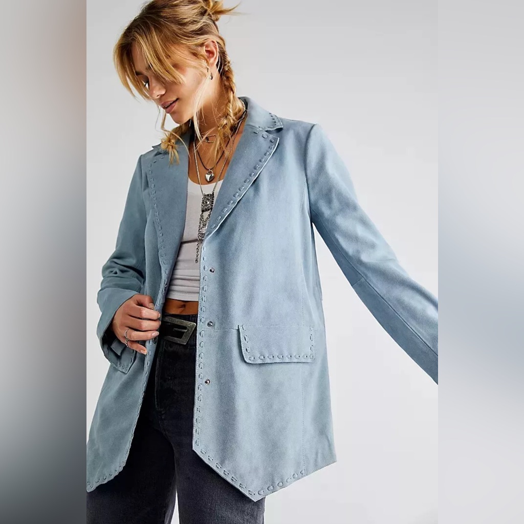 Free People High Tide Suede Blazer Jacket Leather Blue Small